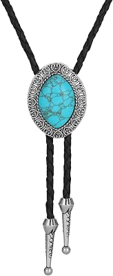 AZORA Western Cowboy Bolo Tie Men Leather Necktie Leather Cord Turquoise Stone Bolo Ties for Men Women