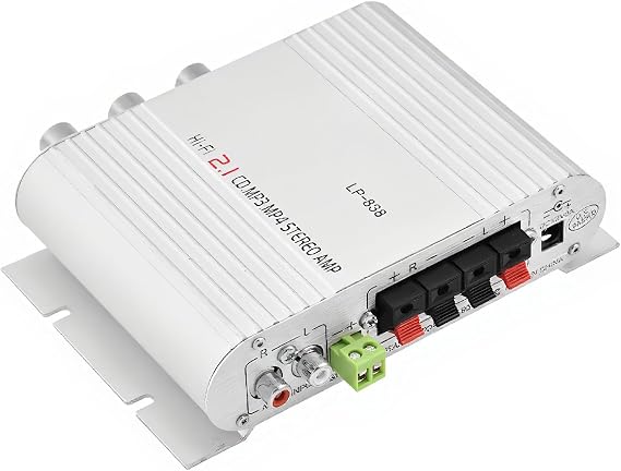 Power Amplifier Stereo Amplifier,Digital Amp Mini HiFi 2.1 Stereo Bass Auto Car Home Audio Power Amplifier with and 3.5mm Audio Input,Two Pairs of Speaker Output Clips(Silver)