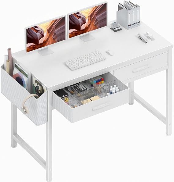 DLisiting White Desk with Storage Drawers - 39 Inch Small Computer Desk with Drawers for Bedroom Home Office, Study Writing Vanity Table Without Mirror for Girls Small Spaces