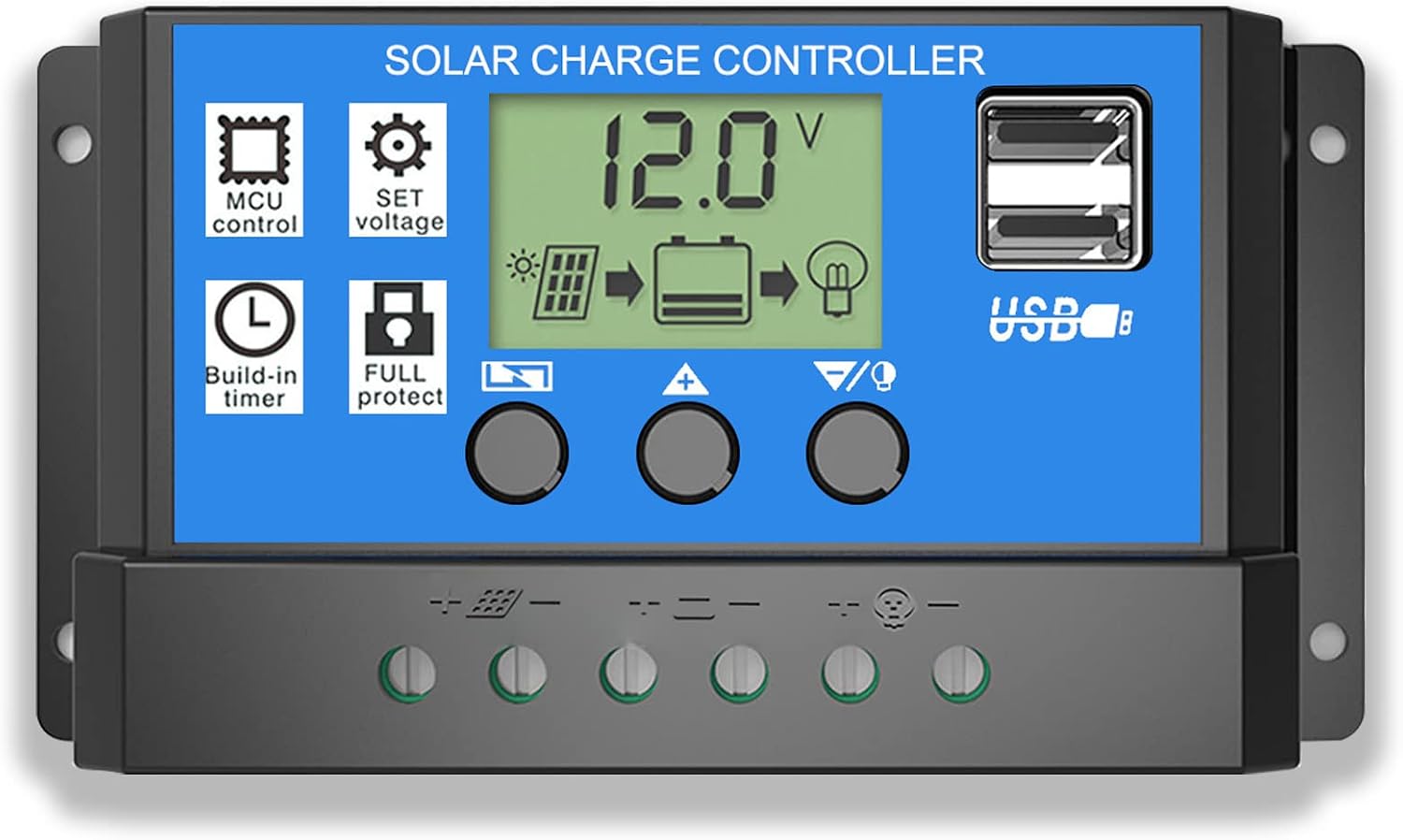 Solar Charge Controller, Topcloud 10A Solar Panel Controller 12V24V PWM Auto Parameter Adjustable LCD Display Solar Panel Battery Regulator with Dual USB Port