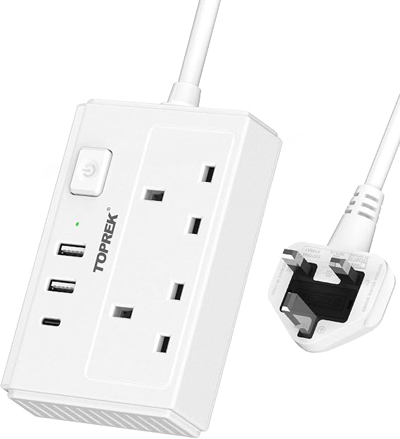 TOPREK 2 Plug Extension Lead with USB C Slots, 1.5m Cord/2USB-A + 1USB-C | Slim Flat Plug (0.57inch), Extension Cable with Switch & 8-Safety Protections for Home/Office/Travel