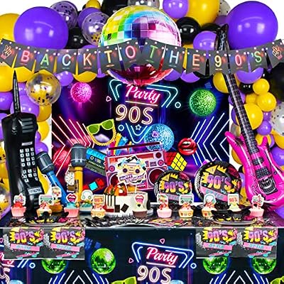 HJINGY 90s Party Decorations 80s 90s Theme Party Bundle includes Inflatable Gitar&Mobile Phone, Back To The 90s Banner, Tablecloth, Cake Toppers, Plates, Napkins, Hip-Hop Backdrop
