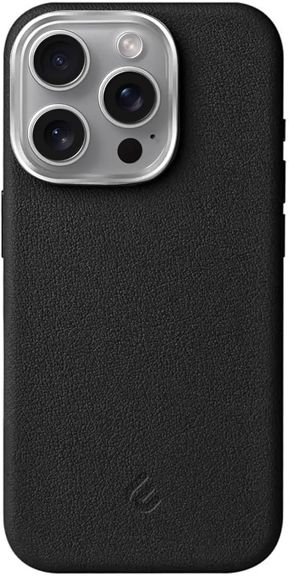 Minesk iPhone 14 Pro için MagSafe ile Uyumlu Çizilmeyen ve Parmak İzi Tutmayan Deri Görünümlü Metal Tuşlu ve Metal Lens Çerçeveli Hybrid Silikon Kılıf (Siyah, 14 Pro)