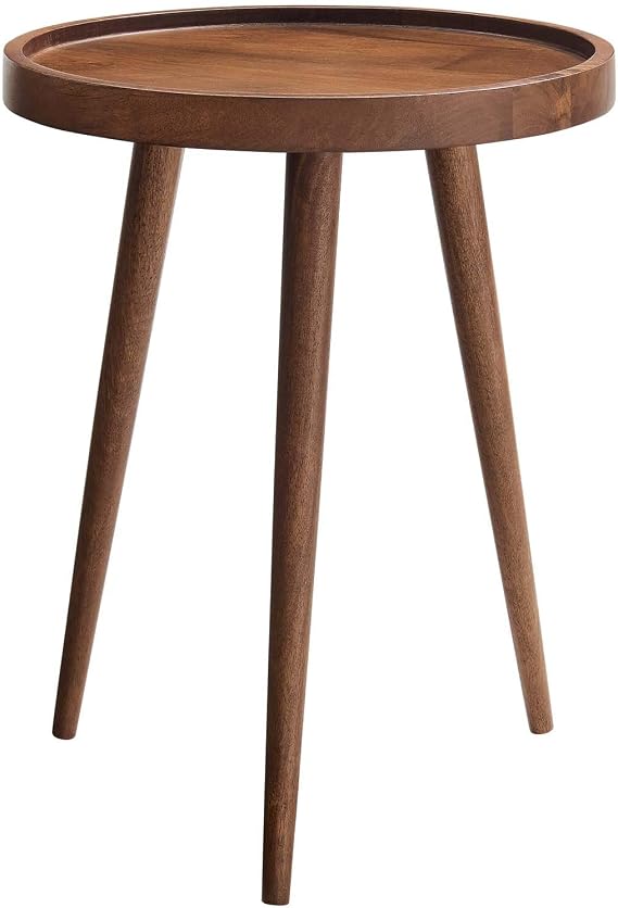 Modway Chiro Solid Wood Side Table in Walnut with Tray Top - Mid-Century Modern Round Accent Table - Small Bedside Table with Tapered Legs - Living Room End Table