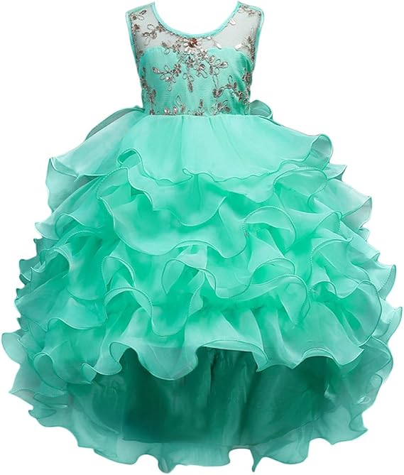 Girls Vintage Ruffle Lace Tulle Flower Girl Dresses Junior Bridesmaid Bow Princess Gown Party Wedding Trailing Dress