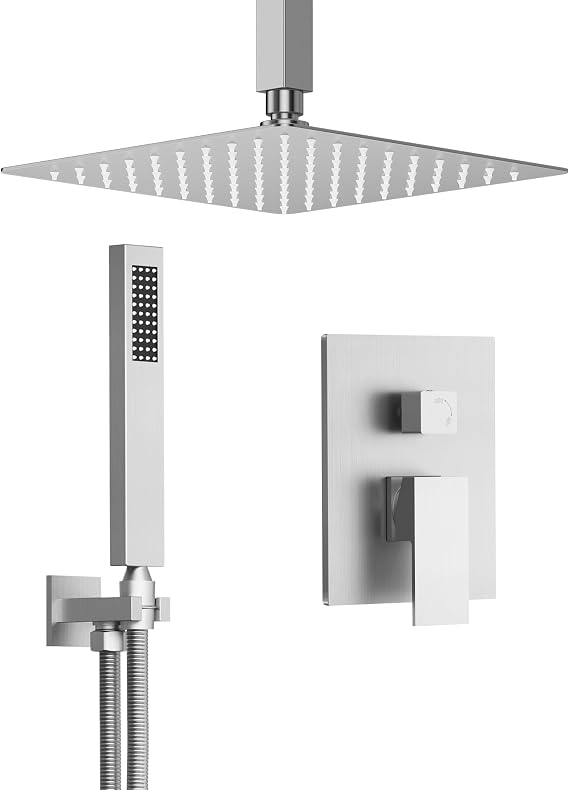 10" Brushed Nickel Shower System, Ceiling Mount Square Faucet Set
