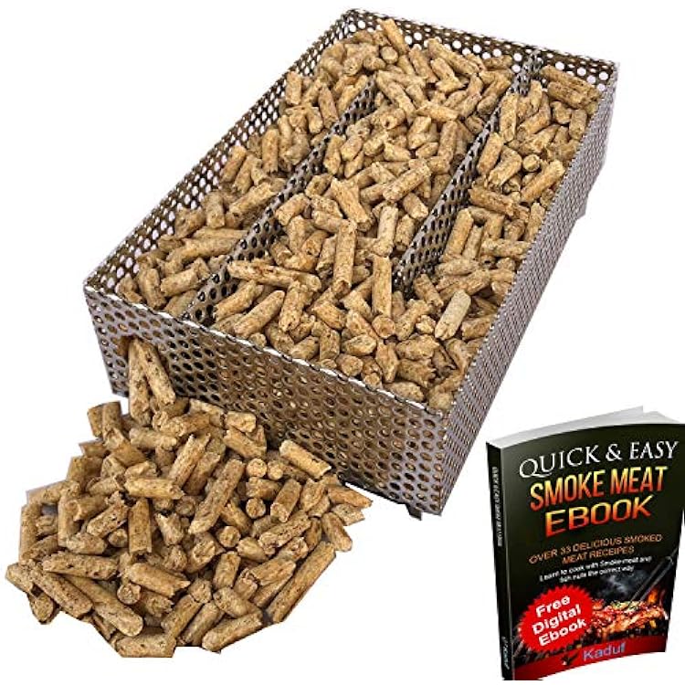 Kaduf Pellet Smoker Tray 5x8- 12 Hours of Billowing Smoke, Smoker Tube for Hot & Cold Smoking Meat, Fish, Cheese with Wood Pellets, Works in any Type of Grill or Smoker, Free eBook Smoking Recipes