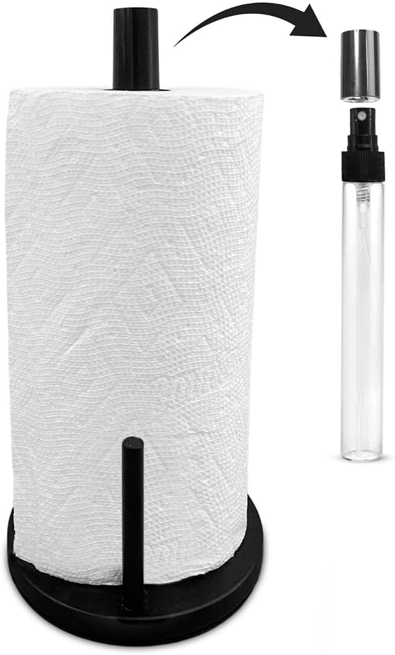2-in-1 Paper Towel Holder with Spray Bottle, Matte Black Metal, Countertop | Paper Roll Mount for Kitchen, Bathroom and Garage ,One-handed Convenience , Perfect for Any Space