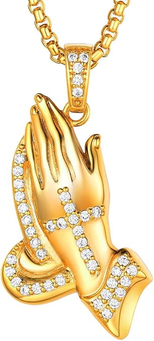 U7 Russian Orthodox Cross Pendant/Praying Hands/Ichthys Sign for Men Women Stainless Steel 18K Gold Plated Jesus Pendant Christian Religious Necklaces, Length 22" Silver Black Gold