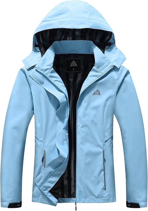 MOERDENG Women's Rain Jacket Hooded Hiking Jacket Softshell Windbreaker