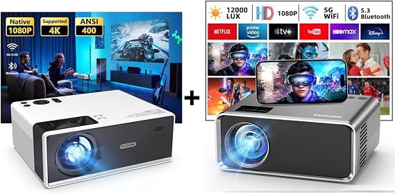 FUDONI Projector P3 and WiFi Bluetooth GC666, 5G Portable Projectors 4K Supported Native 1080P 12000L, Outdoor Mini LED Movie Projector for Home Theater, Compatible w/iOS Android Phone/TV Stick/Laptop