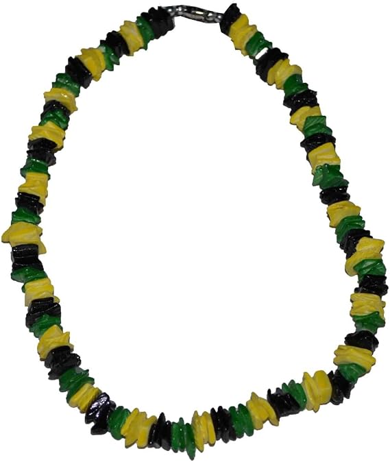 MM Real Chips Puka Shell Necklace 18" Jamaican Colors Black Yellow Green