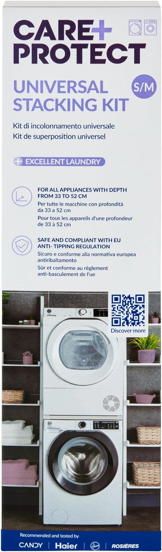 CARE+PROTECT Universal Stacking Kit, for Washing Machines and Tumble Dryers, Depth 33 to 52 cm, Space-Saving, Anti-Tipping, Easy to Install, White [Energy Class A+]