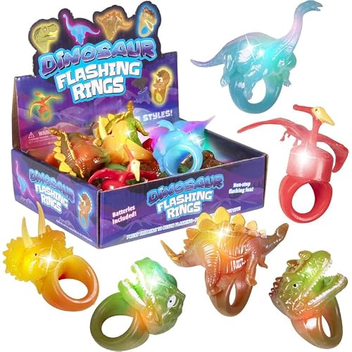 Kangaroo 12 Pack Dinosaur LED Light up Rings Bulk - Flashing Colorful LED Finger Lights Party Favors for Fun - Glow in the Dark Bumpy Blinky Rings for Rave Trinkets and Easter Basket Stuffers for kids