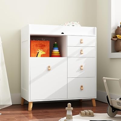 Baby Dresser with Changing Table Top, 5 Drawers Nursery Dresser with Removable Guard, Infant Diaper Changing Station Baby Cloth Organizer for Nursery and Kids Bedroom, White - 33.5 W