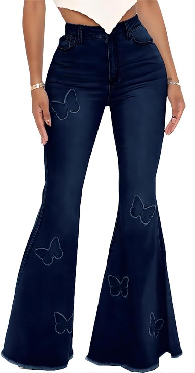 Bell Bottom Jeans for Women Butterfly Vintage High Waisted Skinny Flared Jeans Wide Leg Raw Hem Denim Pants