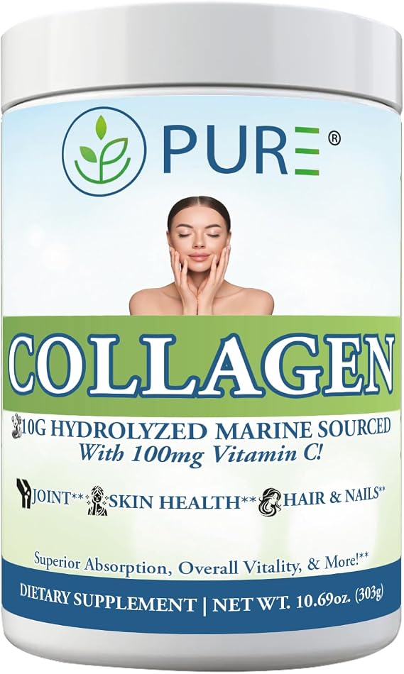 PURE Hydrolyzed Marine Collagen Powder - 10g Collagen per Serving - 30 Servings Unflavored - with 100mg Vitamin C for Maximum Absorption - Skin, Hair, Nail & Joint Support - Non-GMO, Made in USA