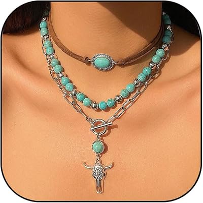 Layered Western Turquoise Cowgirl Necklace for Women Boho Turquoise Beaded Neckalce Ox Head Pendant Necklaces Trendy Western Pendant Beach Jewelry Gift for Women
