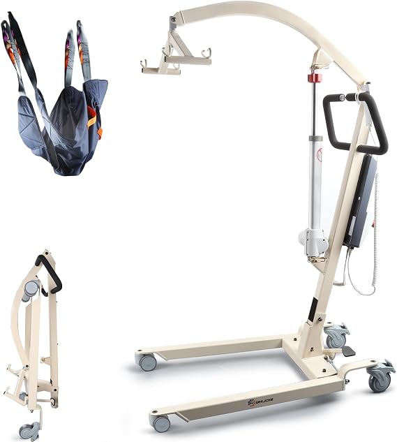 WHLICKS Electric Patient Lift with Divided Leg Sling 400LBS Heavy Duty Transfer Chair for Elderly, Full-Range Open Base Slides Under Bed/Chair, Fast Folding Homecare Lift with Braked Casters