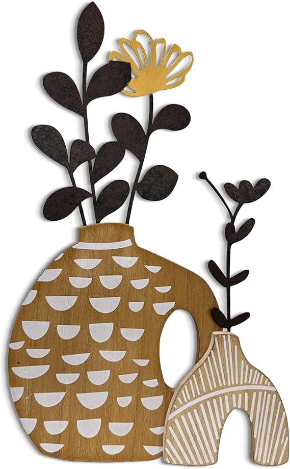 WOPARTY Rustic Metal and Wood Flowers Wall Art, Bohemian Vase with Flower Design, Black and Gold, 16.2x10 Inch, Farmhouse Wall Decor Home Bedroom Dining Room Housewarming