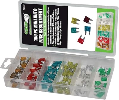 Grip 100 pc Mini Auto Fuse Assortment - 5A 7.5A 10A 15A 20A 25A 30A - Vehicles, ATVs, Snowmobiles