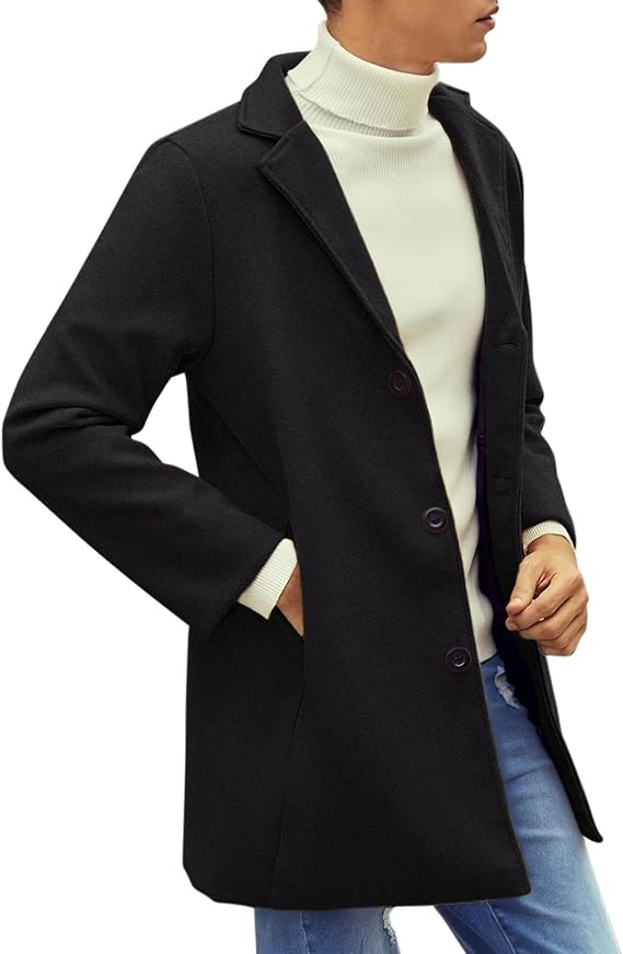 QWENTMTNTY Wool Pea Coat for Men Mid-Length Notched Lapel Single Breasted Trench Coat Big Tall Warm Winter Jacket Outerwear