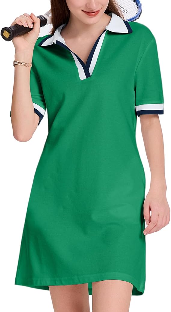 WOWULOVELY Polo Dress for Women V Neck Casual Short Sleeve Mini Shirt Dress Flowy Contrast Color Golf Tennis A Line Dresses