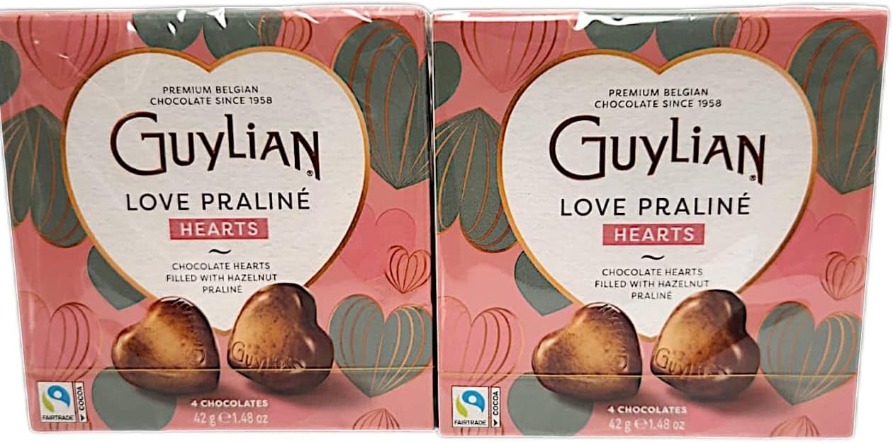 Guylians Love Praline Chocolate Hearts Belgian Premium Chocolate with Hazelnut Praline Filling for Valentine's day Mother's day Easter Celebration Birthday Pack of 2 42g X 2
