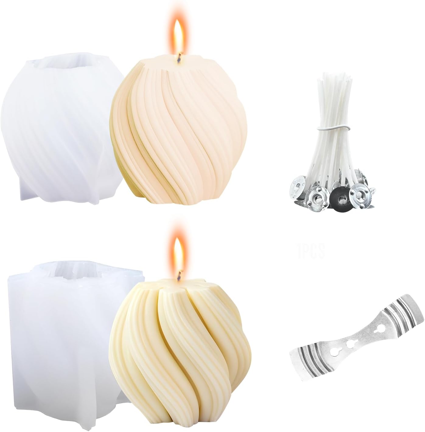 2Pcs Spiral Round Ball Candle Mould, Geometric Pillar Candle Mould, Irregular Wave Twisted Candle Mold, Swirl Ball Silicone Mold with Candles Wick, Candles Moulds Silicone for Home Crafts Soap Wax