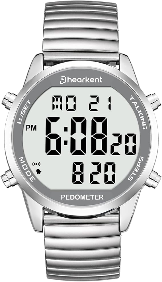 Hearkent Digital Talking Watch with Pedometer Step Counter Watch for Blind | Speaking Time/Date/Steps/Calories in English for Elderly, No Bluetooth, 5 Alarms, EL Backlight, Countdown, LCD Large Number