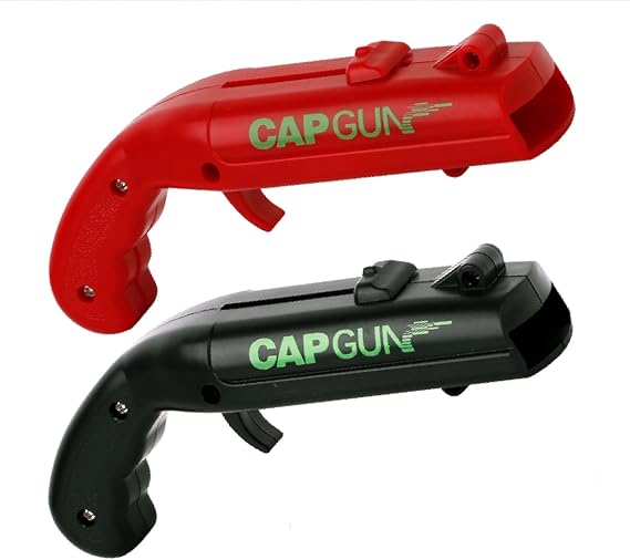 Cap Shooting Bottle Opener Gun - Launches Caps for World Cup Parties, BBQs & Adult Gatherings, Fun Gadget for Men, Unique Gag Gift for Sports Events (2PC Black RED)