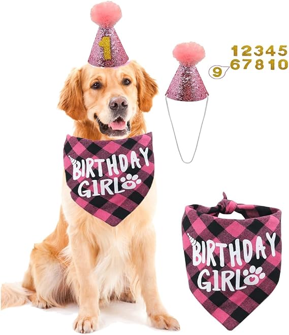 Dog Birthday Party Supplies,Birthdays Girl Dogs Bandana,Dog Birthday Scarf Hat with Numbers Fits Dogs with Neck Circumference Less Than 20" (Pink)