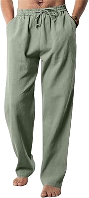 evzosrz Mens Casual Linen Pants Loose Fit Straight-Legs Stretchy Waist Hip Hop Beach Yoga Lounge Trousers with Pockets