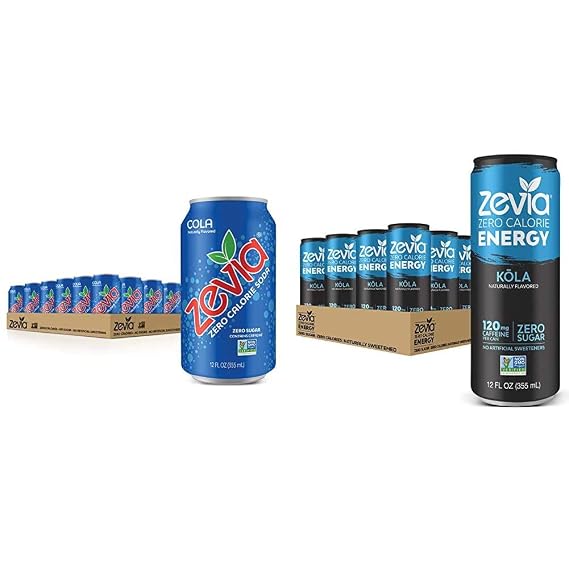 Zevia Zero Calorie Soda, Cola, Naturally Sweetened Soda, (24) 12 Ounce Cans; Cola-flavored Carbonated Soda & Zero Calorie Energy Drink Naturally Sweetened Energy Drink, Kola, 12 Ounce (Pack of 12)