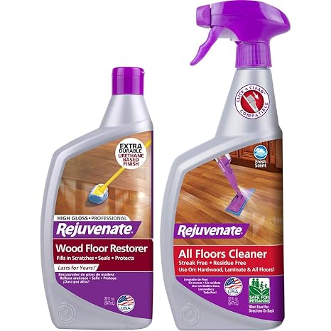 Rejuvenate Professional Wood Floor Restorer and Polish with Durable Finish Easy Mop On Application High Gloss Finish 32oz and Rejuvenate High Performance All-Floors and Hardwood No Bucket Needed Floor Cleaner Powerful PH Balanced Shine with Shine Booster Technology Low VOC Best in Class Products 32oz Bundle
