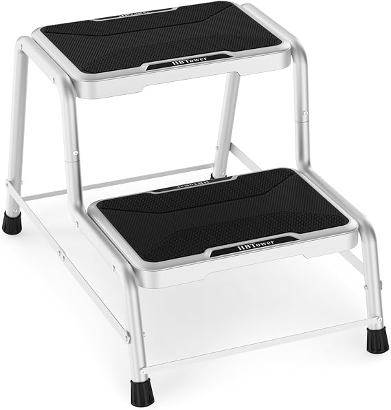 HBTower 2 Step Stools for Adults Kids with Non-Slip Rubber Feet | Holds Up to 600 lbs, Lightweight Stepping Stools for Bedroom Kitchen Bathroom, Bed Steps for High Beds