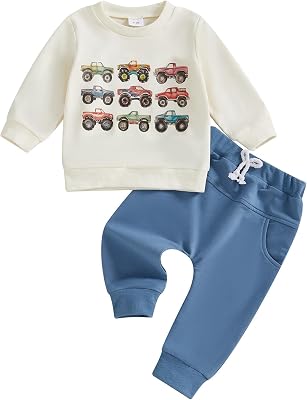 Toddler Baby Boy Fall Winter Clothes Crewneck Sweatshirt Long Sleeve Trucks Shirt and Pants Cute Boys Outfits