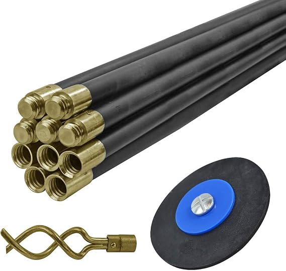 Faithfull Drain Rod Set 9M (30ft) – 10 x 920mm Flexible Screw-Together Rods with Crimped & Pinned Rustproof Connectors, 50mm Double Worm & 100mm Plunger for Blocked Domestic Drainage Pipes