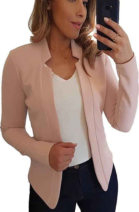 OMZIN Women's Casual Long Sleeve Blazer Work Office Blazer Collarless Jacket Solid Stretchy Jacket Coat