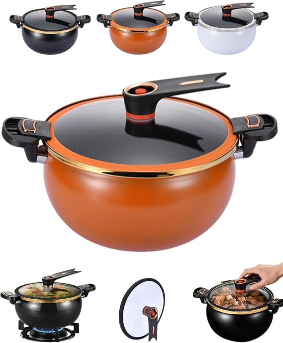 Twisting Handle Pot, 8L Micro Pressure Cooker, Non Stick Stewpot with Locking Lid, Large Capacity Soup Stockpot for Gas Induction Stove, Low Press Safety Valve, Fast Cooking Cookware(Orange)