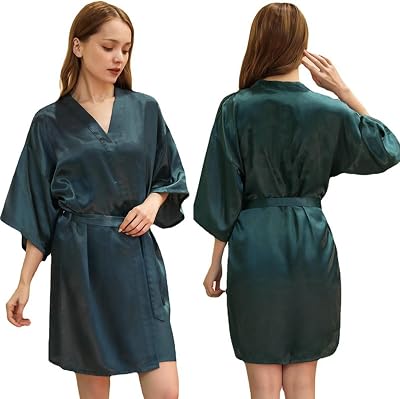 Womens Kimono Robes Dressing Gown Satin Bathrobe Nightdress Short Style Bridal Robe