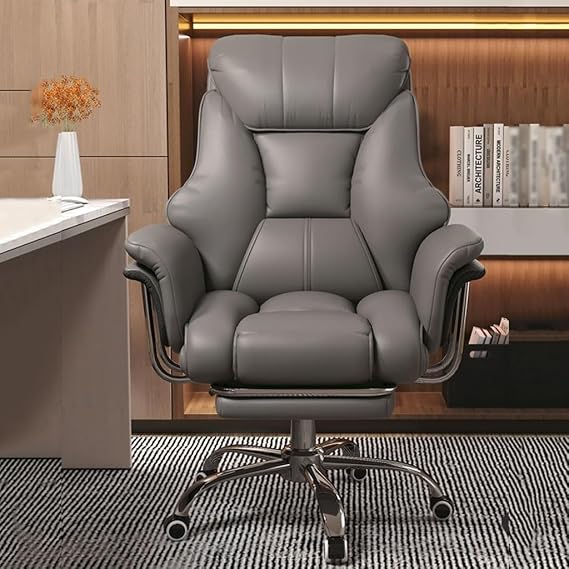 Comfortable Executive Office Desk Chair, Big Boss Chair High Backrest, Ergonomic Task Chair Leather Upholstered Chair Swivel, Height Adjustable Armchair, Latex Seat Padding Color: Grey/B