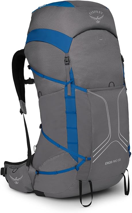 Osprey Exos Pro 55L Men's Backpacking Backpack, Dale Grey/Agam Blue, S/M