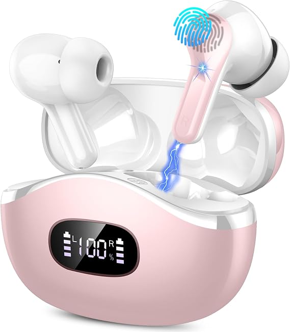 Wireless Earbuds, 2026 Bluetooth 5.4 Headphones Bass Stereo, Ear Buds with 4 Mics ENC Noise Cancelling, Bluetooth Earbuds 48H Playtime LED Display Pink