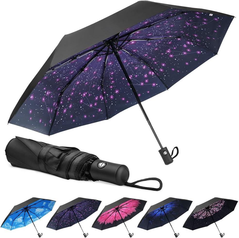 Travel Umbrella - Windproof Automatic, 8 Ribs Compact Folding, Auto OpenClose, Portable for Men & Women