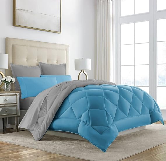 Alla Turca Lux Sleeping Set, Double, Rubber Sheets, 4 Pillow Cases, Bedding, Quilt Set, Double Sided, 6 Pieces, Turquoise, Gray, 195x215 cm