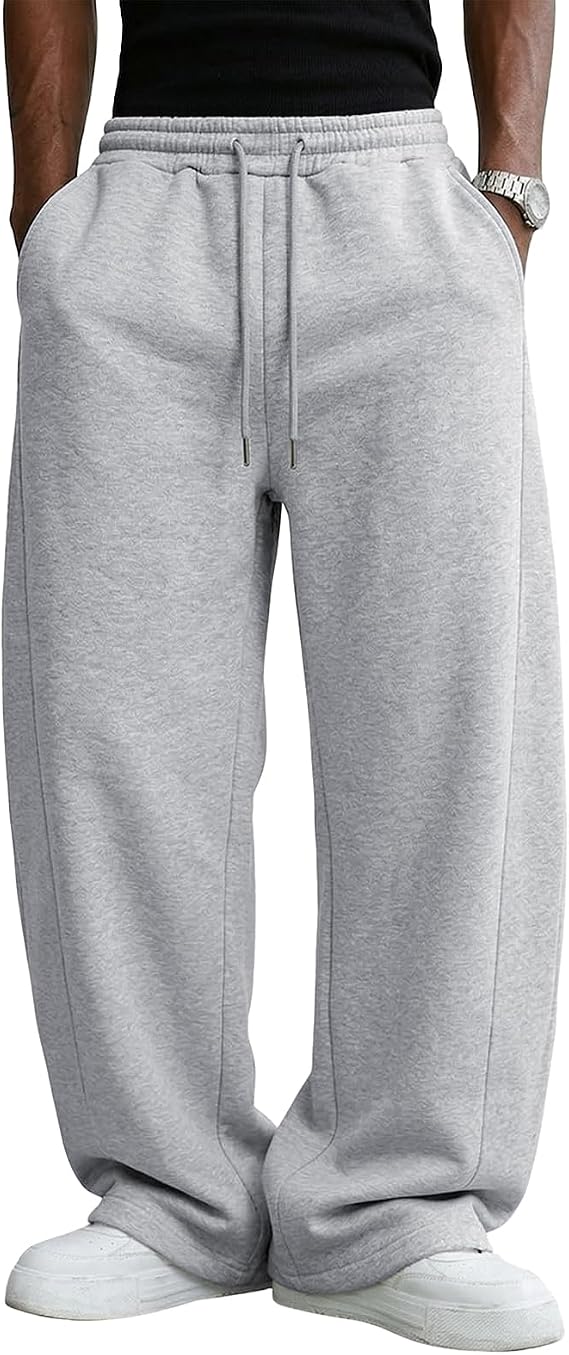 Men's Baggy Sweatpants Cotton Fleece Wide Leg Lounge Sweat Pants Drawstring Waist Jogging Pants with Pockets
