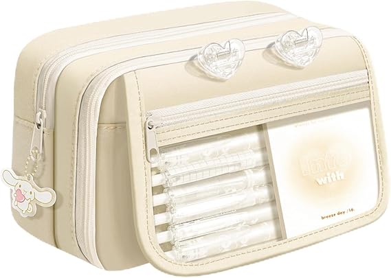 Large Capacity Pencil Case for Girls Boy Men Women, Big Capacity Pencil Pouch - 4 Compartments & 2 Pack Sticky Note, School Stationery Organizer, Stationery Pen Bag for Office College School (Beige)