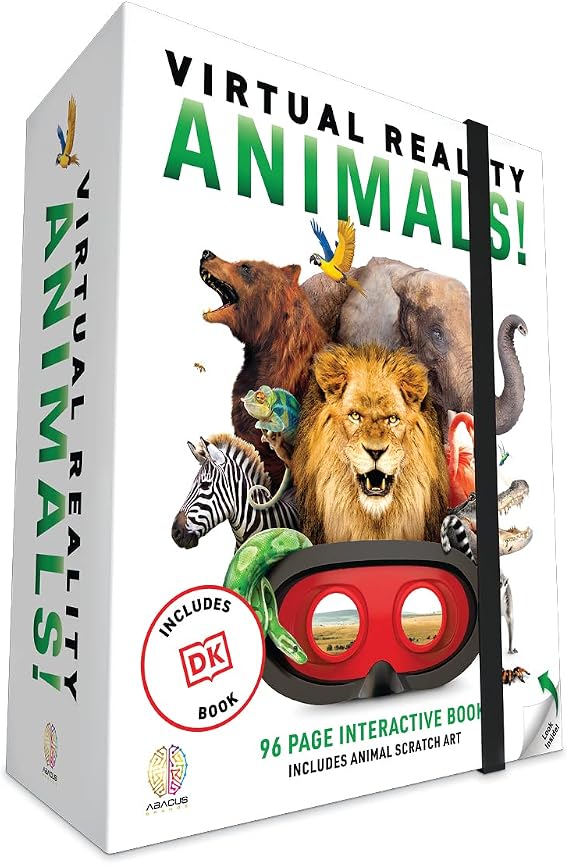 Abacus Brands Virtual Reality Animals - STEM Science Kit, Kids Age 8-12 | 96-Page Interactive DK Book, 40+ VR Experiences, Hands-Free Goggles Incl., 5 Scratch Art Sheets, Educational Gift Set