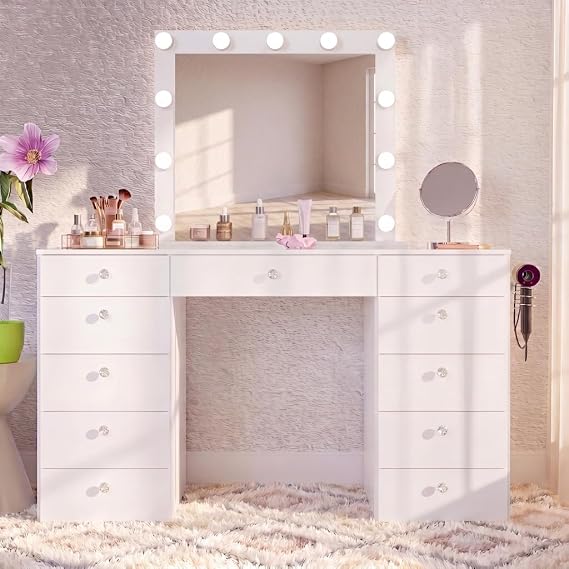 Boahaus Zoey Vanity Desk with Framed Bulb Mirror 11 Drawer Makeup Station with Glass Top & Jewelry Divider